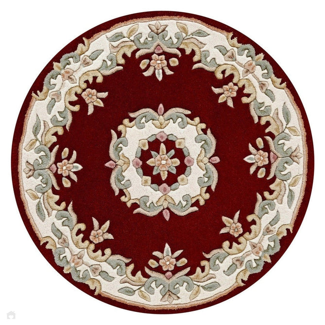 Royal Traditional Floral Aubusson Medallion Border Oriental Chinese Style Hand-Carved Hi-Low Textured Wool Red Round Rug-Melrose-Rug Love - The Most Loved Rug Store