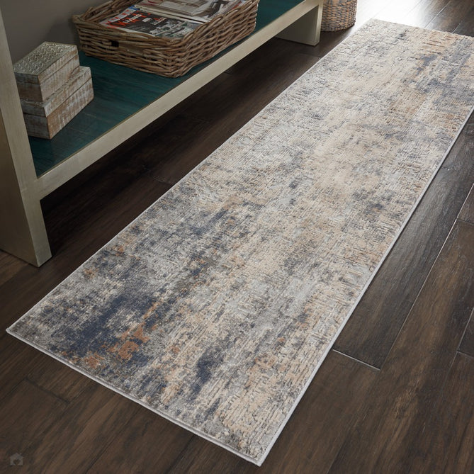 Rustic Textures RUS01 Modern Abstract Distressed Shimmer Carved Hi-Low Textured Flat-Pile Grey/Beige Runner-Nourison-Rug Love - The Most Loved Rug Store