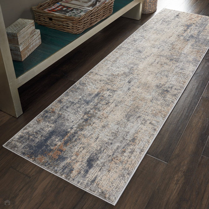 Rustic Textures RUS01 Modern Abstract Distressed Shimmer Carved Hi-Low Textured Low-Profile Short-Pile Grey/Beige Runner-Nourison-Rug Love - The Most Loved Rug Store