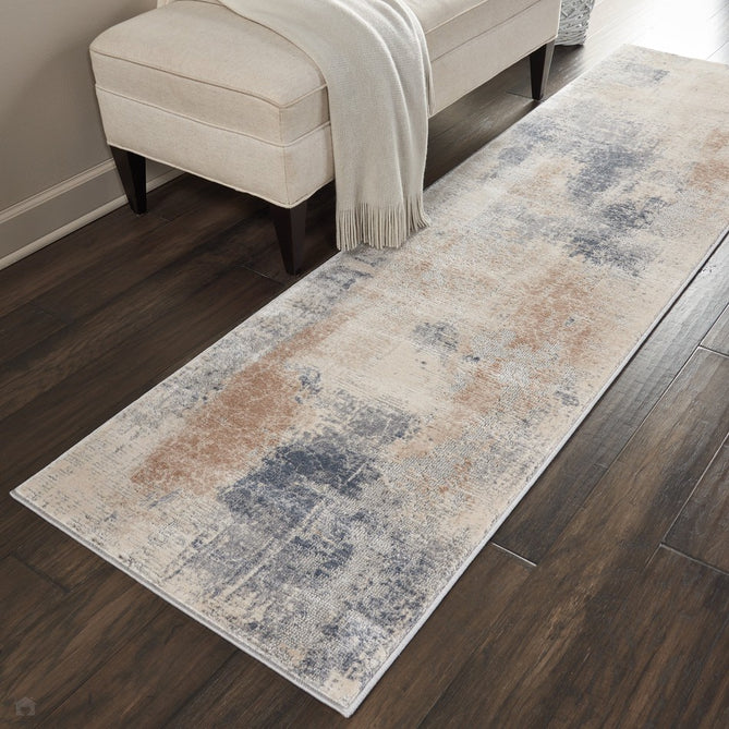 Rustic Textures RUS02 Modern Abstract Distressed Shimmer Carved Hi-Low Textured Flat-Pile Beige/Grey Runner-Nourison-Rug Love - The Most Loved Rug Store