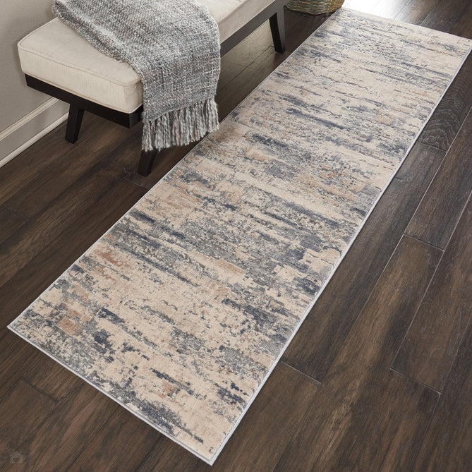 Rustic Textures RUS04 Modern Abstract Distressed Shimmer Carved Hi-Low Textured Low-Profile Short-Pile Beige/Grey Runner-Nourison-Rug Love - The Most Loved Rug Store