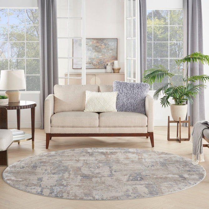 Rustic Textures RUS06 Modern Abstract Distressed Shimmer Carved Hi-Low Textured Durable Polyblend Short-Pile Beige/Grey Round Rug-Nourison-Rug Love - The Most Loved Rug Store