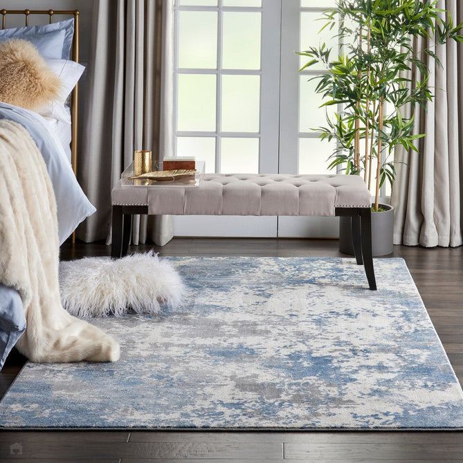 Rustic Textures RUS08 Modern Abstract Distressed Shimmer Carved Hi-Low Textured Low-Profile Short-Pile Grey/Blue/Cream Rug-Nourison-Rug Love - The Most Loved Rug Store