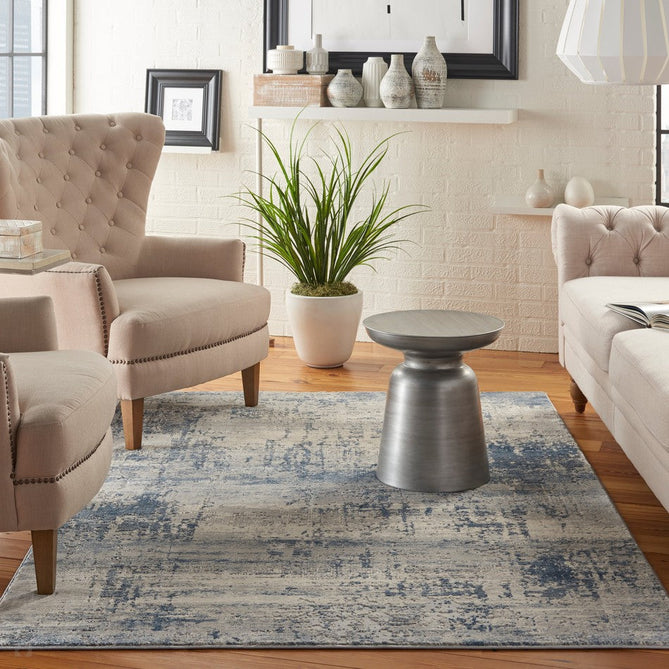 Rustic Textures RUS10 Modern Abstract Distressed Shimmer Carved Hi-Low Textured Low-Profile Short-Pile Ivory/Grey/Denim Blue Rug-Nourison-Rug Love - The Most Loved Rug Store