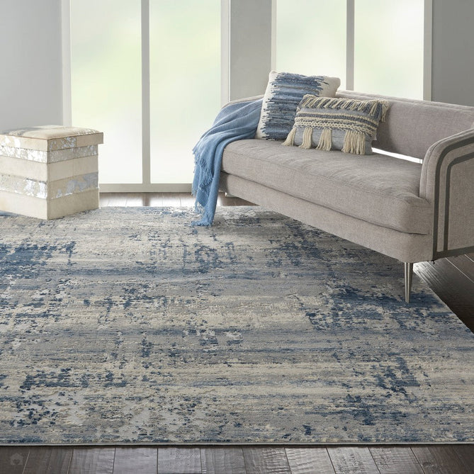 Rustic Textures RUS10 Modern Abstract Distressed Shimmer Carved Hi-Low Textured Low-Profile Short-Pile Ivory/Grey/Denim Blue Rug-Nourison-Rug Love - The Most Loved Rug Store