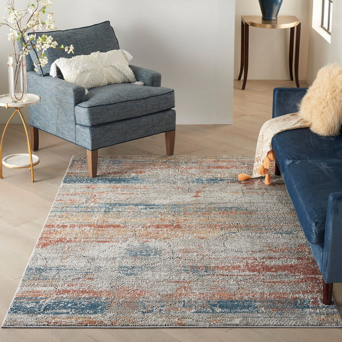 Rustic Textures RUS11 Modern Abstract Distressed Shimmer Carved Hi-Low Textured Durable Polyblend Short-Pile Grey/Rust/Ochre/Blue/Multicolour Rug-Nourison-Rug Love - The Most Loved Rug Store