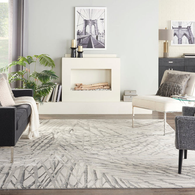 Rustic Textures RUS17 Modern Abstract Distressed Shimmer Carved Hi-Low Textured Low-Profile Short-Pile Ivory/Grey Rug-Nourison-Rug Love - The Most Loved Rug Store