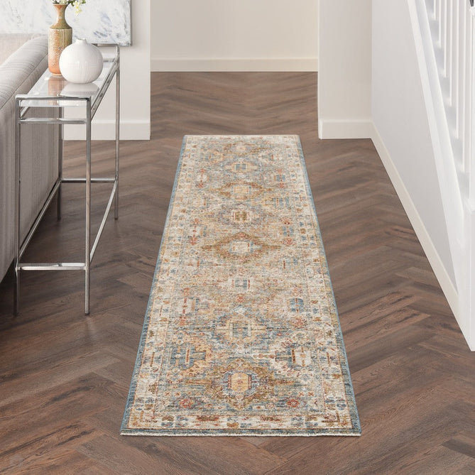 Sahar SHR01 Traditional Persian Vintage Distressed Ornate Border Soft-Touch Polyester Low Profile Short Pile Blue Runner-Nourison-Rug Love - The Most Loved Rug Store