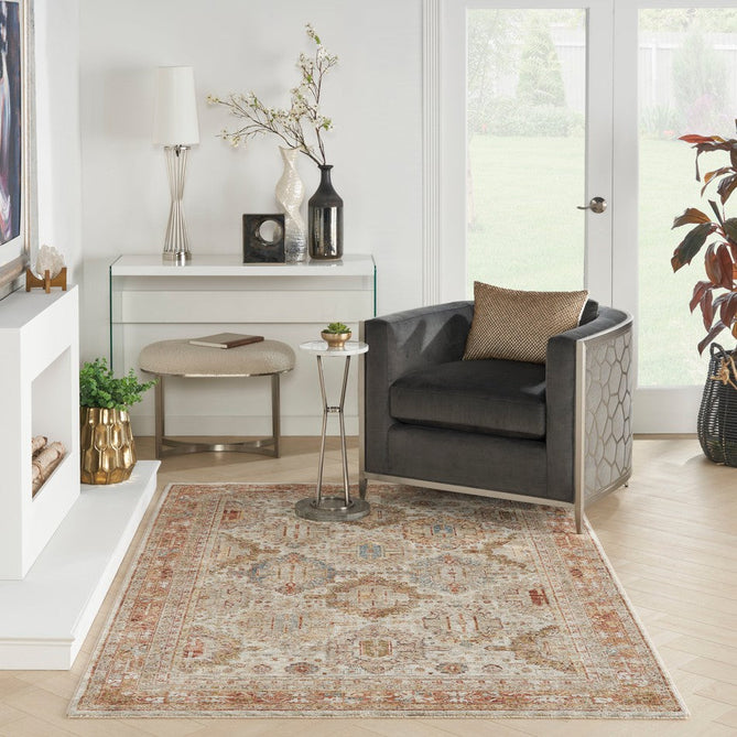 Sahar SHR01 Traditional Persian Vintage Distressed Ornate Border Soft-Touch Polyester Low Profile Short Pile Ivory/Multicolour Rug-Nourison-Rug Love - The Most Loved Rug Store