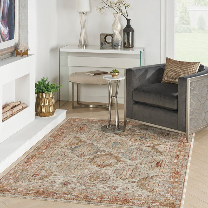 Sahar SHR01 Traditional Persian Vintage Distressed Ornate Border Soft-Touch Polyester Low Profile Short Pile Ivory/Multicolour Rug-Nourison-Rug Love - The Most Loved Rug Store