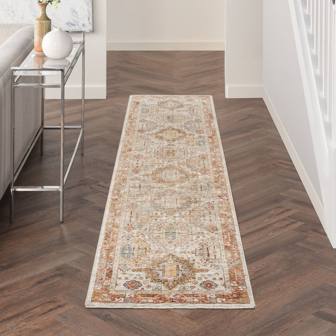 Sahar SHR01 Traditional Persian Vintage Distressed Ornate Border Soft-Touch Polyester Low Profile Short Pile Ivory/Multicolour Runner-Nourison-Rug Love - The Most Loved Rug Store