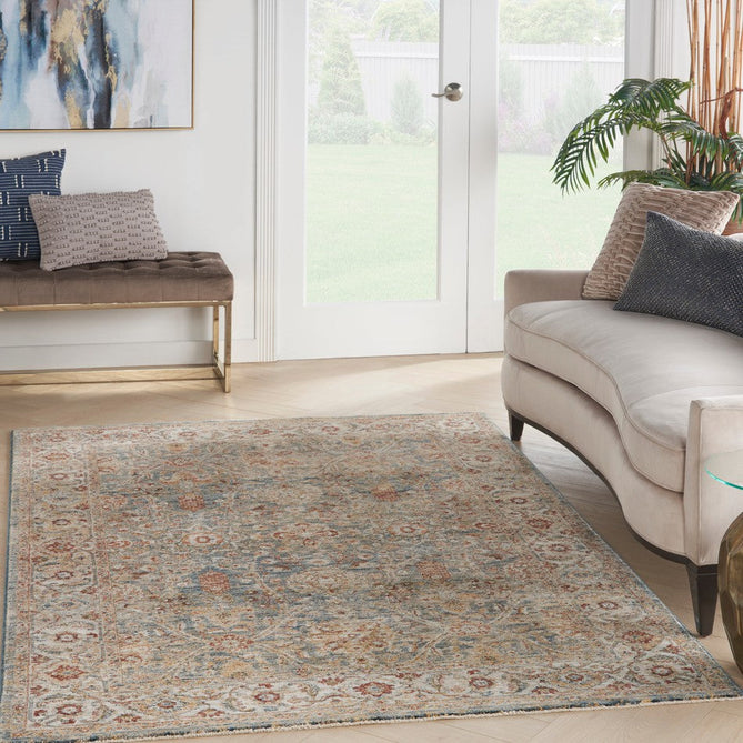 Sahar SHR03 Traditional Persian Vintage Distressed Floral Ornate Border Soft-Touch Polyester Low Profile Short Pile Blue Rug-Nourison-Rug Love - The Most Loved Rug Store