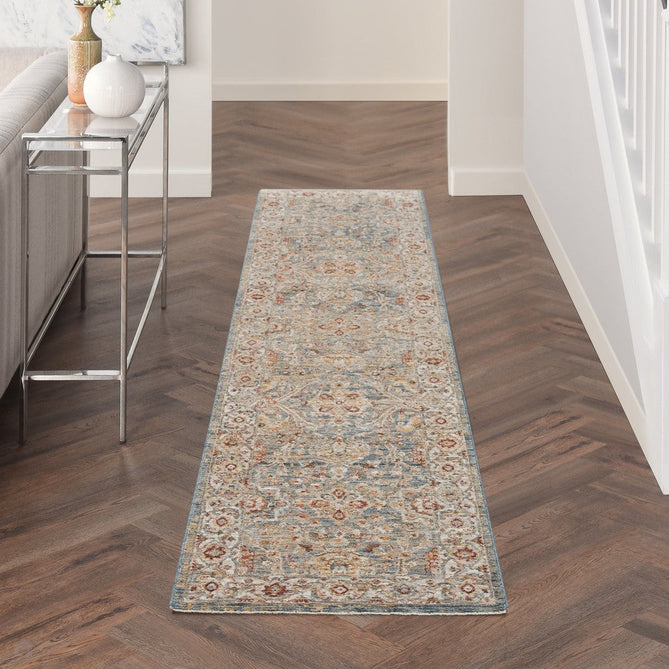 Sahar SHR03 Traditional Persian Vintage Distressed Floral Ornate Border Soft-Touch Polyester Low Profile Short Pile Blue Runner-Nourison-Rug Love - The Most Loved Rug Store