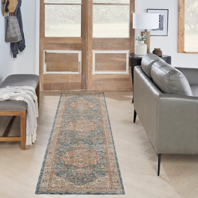 Sahar SHR06 Traditional Persian Vintage Distressed Floral Ornate Medallion Border Soft-Touch Polyester Low Profile Short Pile Ivory/Blue Rug-Nourison-Rug Love - The Most Loved Rug Store