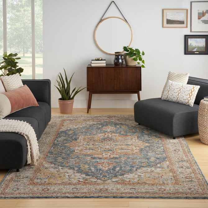 Sahar SHR06 Traditional Persian Vintage Distressed Floral Ornate Medallion Border Soft-Touch Polyester Low Profile Short Pile Ivory/Blue Rug-Nourison-Rug Love - The Most Loved Rug Store