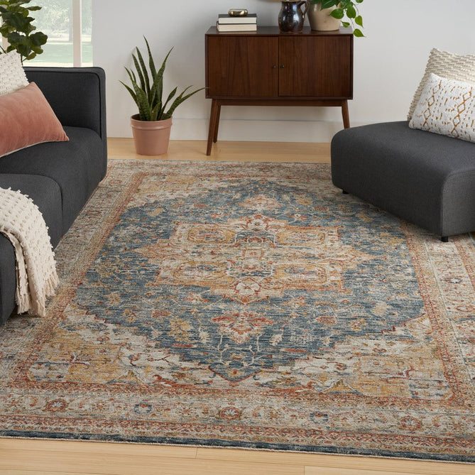 Sahar SHR06 Traditional Persian Vintage Distressed Floral Ornate Medallion Border Soft-Touch Polyester Low Profile Short Pile Ivory/Blue Rug-Nourison-Rug Love - The Most Loved Rug Store