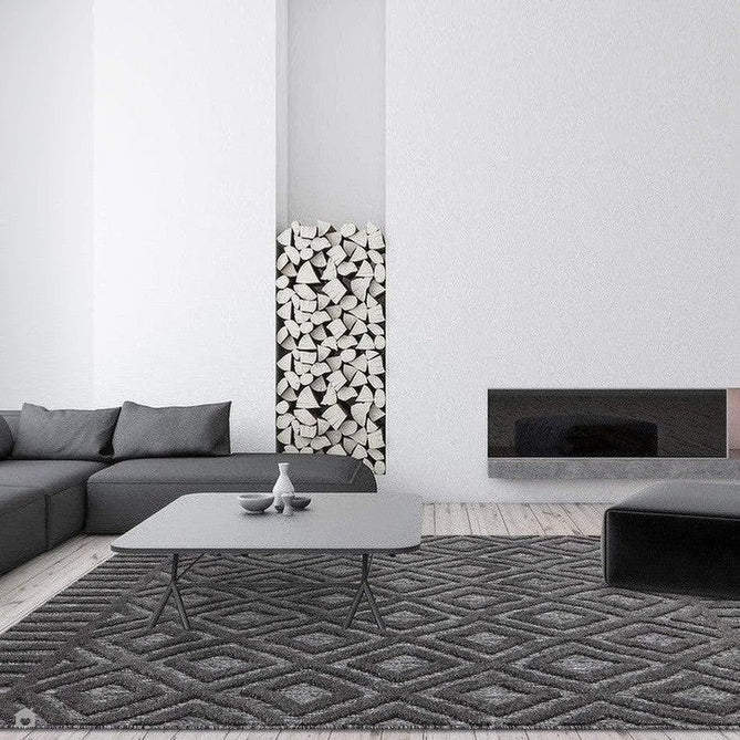 Salta SA02 Modern Geometric Diamond Textured Soft-Touch Hi-Low Durable Stain-Resistant Weatherproof Flatweave In-Outdoor Charcoal/Grey Rug-Asiatic Carpets-Rug Love - The Most Loved Rug Store