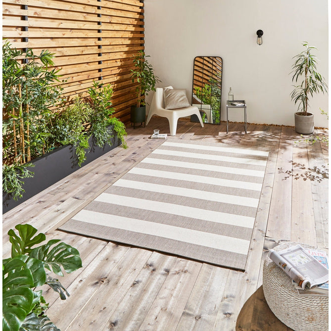 Santa Monica 48644 Striped Durable Stain-Resistant Weatherproof Flatweave In-Outdoor Beige/Cream Rug-Think Rugs-Rug Love - The Most Loved Rug Store