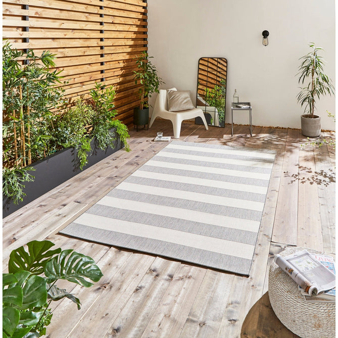 Santa Monica 48644 Striped Durable Stain-Resistant Weatherproof Flatweave In-Outdoor Grey/Light Beige Rug-Think Rugs-Rug Love - The Most Loved Rug Store