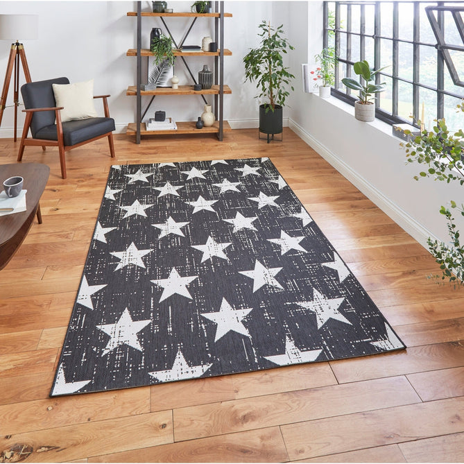 Santa Monica 48648 Star Durable Stain-Resistant Weatherproof Flatweave In-Outdoor Black/White Rug-Think Rugs-Rug Love - The Most Loved Rug Store