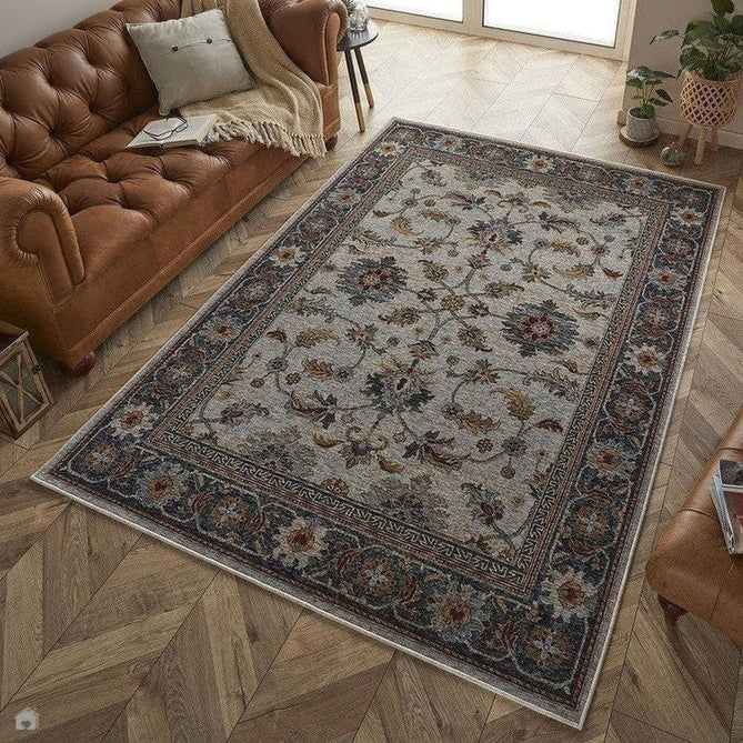 Sarouk 53 X Traditional Persian Floral Medallion Border Soft-Touch Woven Polyester Flatweave Muted Blue/Cream/Grey/Red/Multicolour Rug 240 x 340 cm-Shop Returns-Rug Love - The Most Loved Rug Store