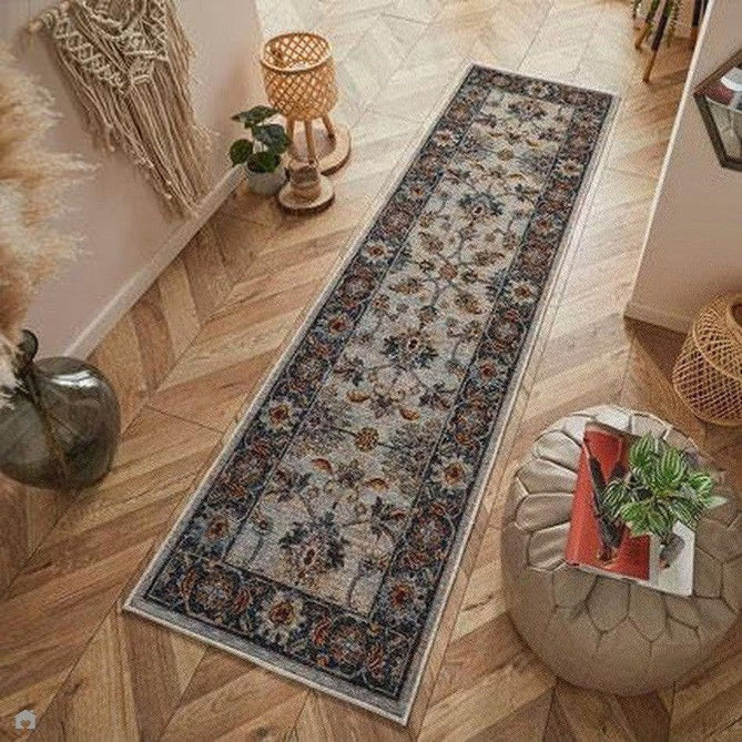 Sarouk 53 X Traditional Persian Floral Medallion Border Soft-Touch Woven Polyester Flatweave Muted Blue/Cream/Grey/Red/Multicolour Runner-Oriental Weavers-Rug Love - The Most Loved Rug Store