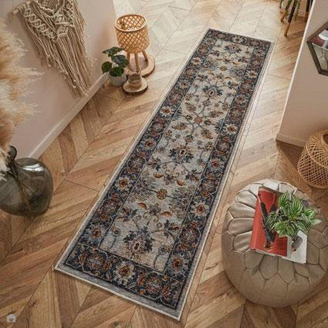 Sarouk 53 X Traditional Persian Floral Medallion Border Soft-Touch Woven Polyester Flatweave Muted Blue/Cream/Grey/Red/Multicolour Runner-Oriental Weavers-Rug Love - The Most Loved Rug Store