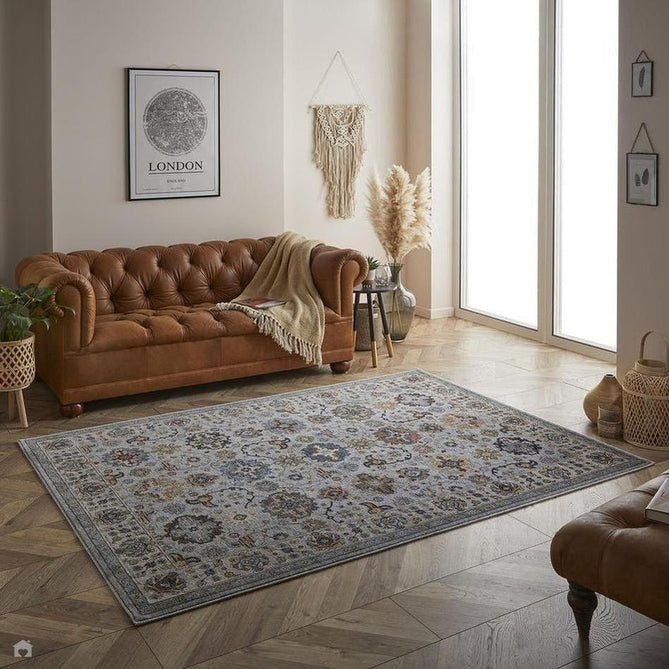 Sarouk 561 W Traditional Persian Floral Medallion Border Smooth Soft-Touch Woven Polyester Low Profile Short Pile Muted Blue/Cream/Grey/Multicolour Rug 240 x 340 cm-Shop Returns-Rug Love - The Most Loved Rug Store