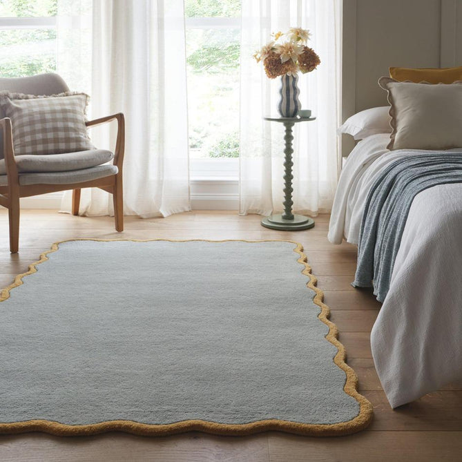 Scalloped Elsie Modern Plain Scalloped Border Hand-Woven Wool Duck Egg Blue/Ochre Rug-Origins-Rug Love - The Most Loved Rug Store