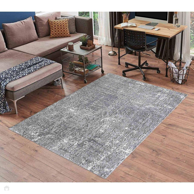 Serenity 205 SRN05 Modern Abstract Subtle Linear Painterly Grid Distressed Metallic Shimmer Soft Textured Hi-Lo Polyblend Short Pile Cool Grey/Steel Grey/Soft Silver/Charcoal/Ivory Rug-Desire Rugs-Rug Love - The Most Loved Rug Store