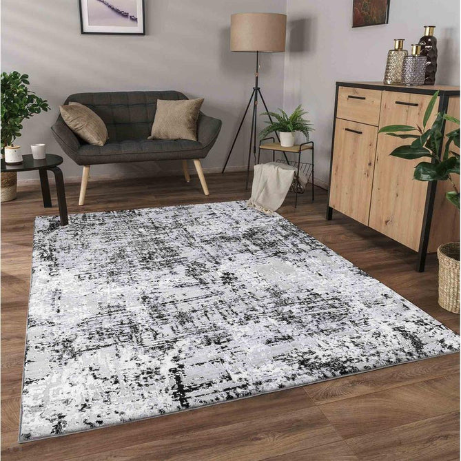 Serenity 205 SRN05 Modern Abstract Subtle Linear Painterly Grid Distressed Metallic Shimmer Soft Textured Hi-Lo Polyblend Short Pile Mid Grey/Charcoal Black/Light Grey/Off White Rug-Desire Rugs-Rug Love - The Most Loved Rug Store