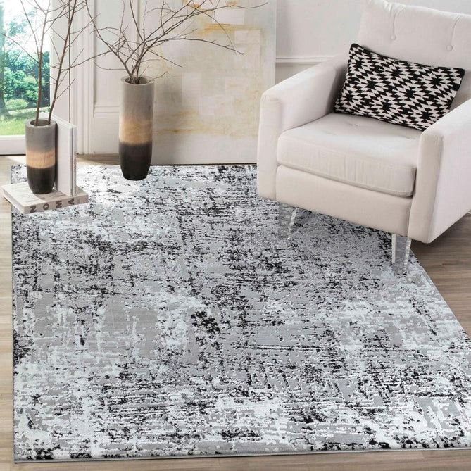 Serenity 205 SRN05 Modern Abstract Subtle Linear Painterly Grid Distressed Metallic Shimmer Soft Textured Hi-Lo Polyblend Short Pile Mid Grey/Charcoal Black/Light Grey/Off White Rug-Desire Rugs-Rug Love - The Most Loved Rug Store