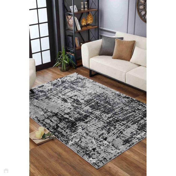 Serenity 205 SRN05 Modern Abstract Subtle Linear Painterly Grid Distressed Metallic Shimmer Soft Textured Hi-Lo Polyblend Short Pile Mid Grey/Charcoal Black/Light Grey/Off White Rug-Desire Rugs-Rug Love - The Most Loved Rug Store