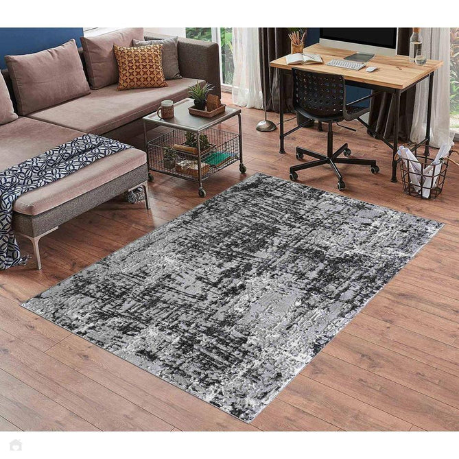 Serenity 205 SRN05 Modern Abstract Subtle Linear Painterly Grid Distressed Metallic Shimmer Soft Textured Hi-Lo Polyblend Short Pile Mid Grey/Charcoal Black/Light Grey/Off White Rug-Desire Rugs-Rug Love - The Most Loved Rug Store