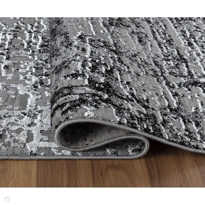 Serenity 205 SRN05 Modern Abstract Subtle Linear Painterly Grid Distressed Metallic Shimmer Soft Textured Hi-Lo Polyblend Short Pile Mid Grey/Charcoal Black/Light Grey/Off White Rug-Desire Rugs-Rug Love - The Most Loved Rug Store