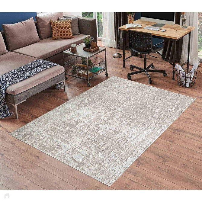 Serenity 205 SRN05 Modern Abstract Subtle Linear Painterly Grid Distressed Metallic Shimmer Soft Textured Hi-Lo Polyblend Short Pile Stone Beige/Taupe/Ivory/Pale Grey/Light Cream Rug-Desire Rugs-Rug Love - The Most Loved Rug Store