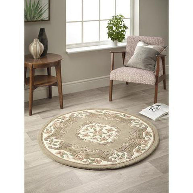 Shensi Traditional Floral Aubusson Medallion Border French-Style Hand-Carved Hi-Low Textured Soft Durable Wool Beige/Brown Round Rug-Origins-Rug Love - The Most Loved Rug Store
