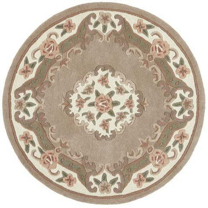 Shensi Traditional Floral Aubusson Medallion Border French-Style Hand-Carved Hi-Low Textured Soft Durable Wool Beige/Brown Round Rug-Origins-Rug Love - The Most Loved Rug Store