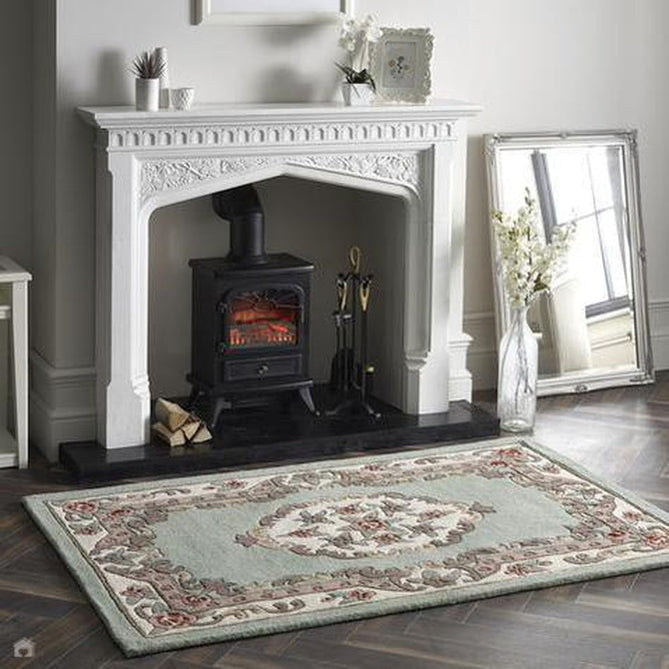 Shensi Traditional Floral Aubusson Medallion Border French-Style Hand-Carved Hi-Low Textured Soft Durable Wool Green Rug-Origins-Rug Love - The Most Loved Rug Store