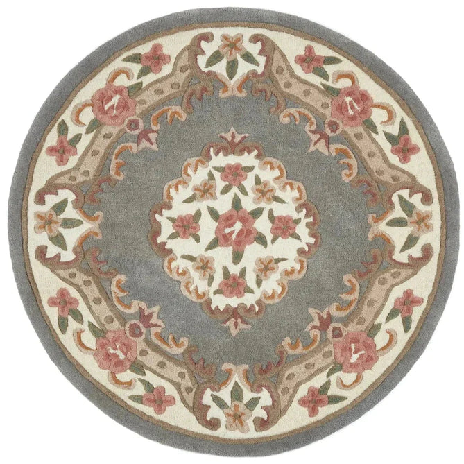 Shensi Traditional Floral Aubusson Medallion Border French-Style Hand-Carved Hi-Low Textured Soft Durable Wool Grey Round Rug-Origins-Rug Love - The Most Loved Rug Store