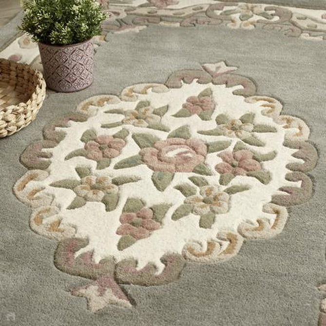 Shensi Traditional Floral Aubusson Medallion Border French-Style Hand-Carved Hi-Low Textured Soft Durable Wool Grey Rug-Origins-Rug Love - The Most Loved Rug Store