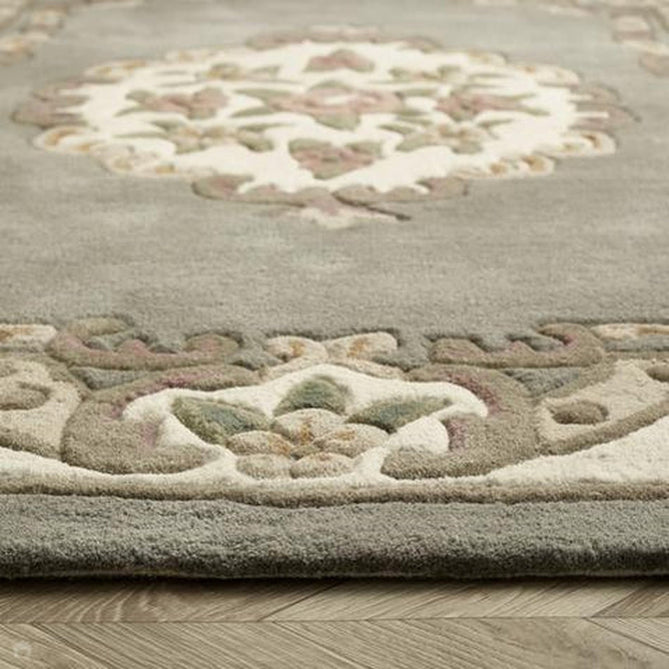 Shensi Traditional Floral Aubusson Medallion Border French-Style Hand-Carved Hi-Low Textured Soft Durable Wool Grey Rug-Origins-Rug Love - The Most Loved Rug Store