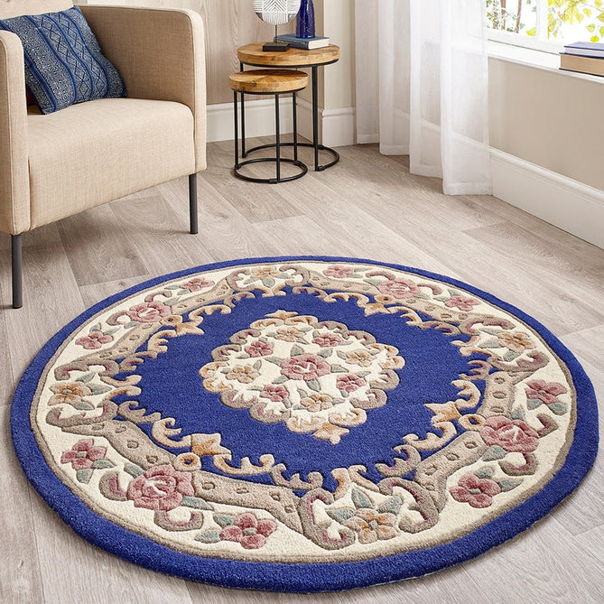 Shensi Traditional Floral Aubusson Medallion Border French-Style Hand-Carved Hi-Low Textured Soft Durable Wool Navy Round Rug-Origins-Rug Love - The Most Loved Rug Store