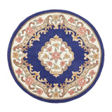Shensi Traditional Floral Aubusson Medallion Border French-Style Hand-Carved Hi-Low Textured Soft Durable Wool Navy Round Rug