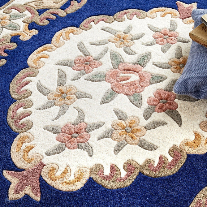 Shensi Traditional Floral Aubusson Medallion Border French-Style Hand-Carved Hi-Low Textured Soft Durable Wool Navy Runner-Origins-Rug Love - The Most Loved Rug Store