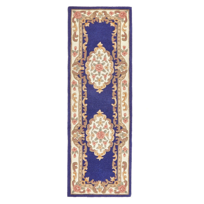 Shensi Traditional Floral Aubusson Medallion Border French-Style Hand-Carved Hi-Low Textured Soft Durable Wool Navy Runner-Origins-Rug Love - The Most Loved Rug Store