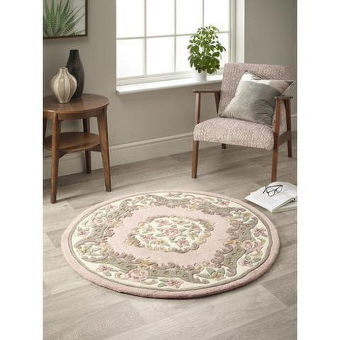 Shensi Traditional Floral Aubusson Medallion Border French-Style Hand-Carved Hi-Low Textured Soft Durable Wool Pink Round Rug-Origins-Rug Love - The Most Loved Rug Store