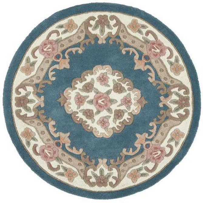 Shensi Traditional Floral Aubusson Medallion Border French-Style Hand-Carved Hi-Low Textured Soft Durable Wool Powder Blue Rug-Origins-Rug Love - The Most Loved Rug Store