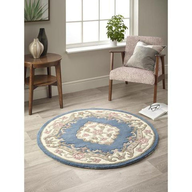 Shensi Traditional Floral Aubusson Medallion Border French-Style Hand-Carved Hi-Low Textured Soft Durable Wool Powder Blue Rug-Origins-Rug Love - The Most Loved Rug Store