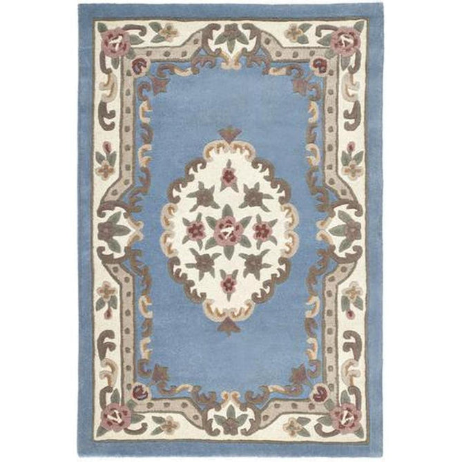 Shensi Traditional Floral Aubusson Medallion Border French-Style Hand-Carved Hi-Low Textured Soft Durable Wool Powder Blue Rug-Origins-Rug Love - The Most Loved Rug Store